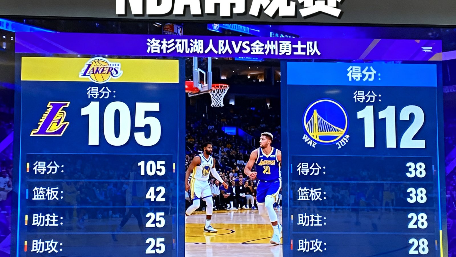 NBA常规赛洛杉矶湖人队对阵金州勇士队的实时直播截图，显示比分与数据面板