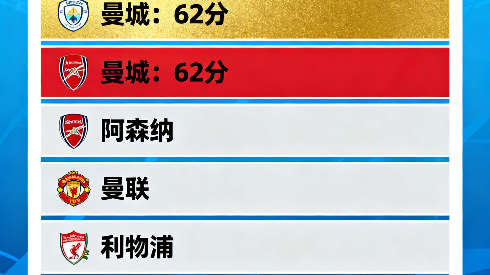 2024-25赛季英超积分榜前五名，曼城以62分排名第一，阿森纳第二